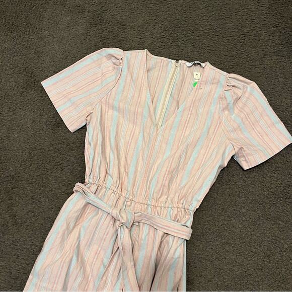 Madewell Striped Puff Sleeve Tapered Linen Jumpsuit Blue Horizon Marant Stripe - Picture 10 of 10